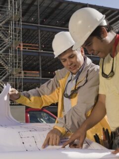 Construction workers with blueprints at construction site