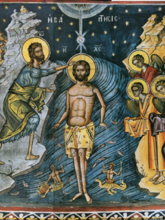 Fête-de-la-Théophanie-baptème-du-Christ-au-Jourdain-Mont-Athos-monastère-de-Dionysiou-fresque-du-XVIème-siècle