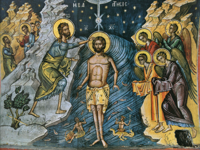 Fête-de-la-Théophanie-baptème-du-Christ-au-Jourdain-Mont-Athos-monastère-de-Dionysiou-fresque-du-XVIème-siècle